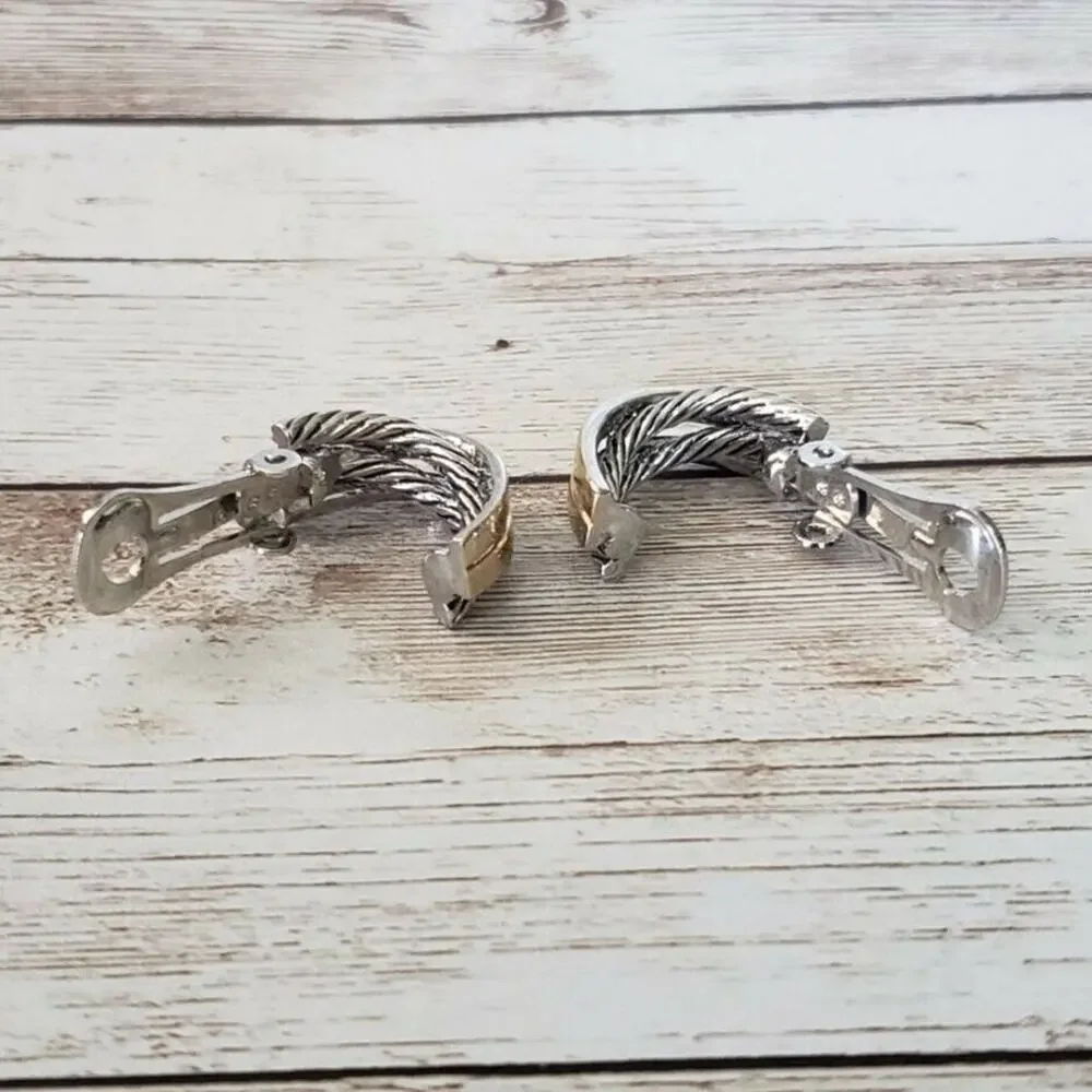 Vintage Clip On Earrings - Half Hoop Gold Tone Kiss with Woven Silver Tone